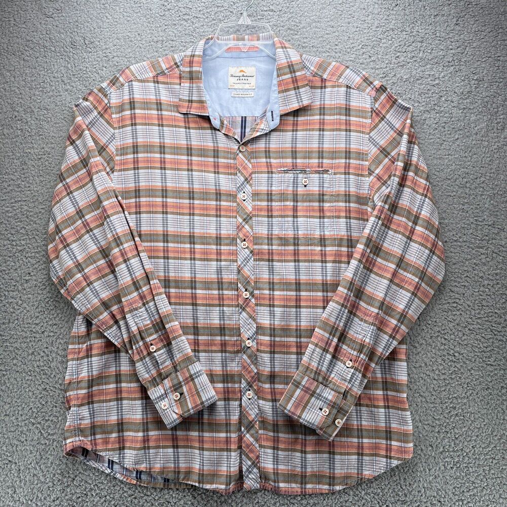 TOMMY BAHAMA Shirt Mens XL Plaid Orange Blue Button Up Long Sleeve Beach